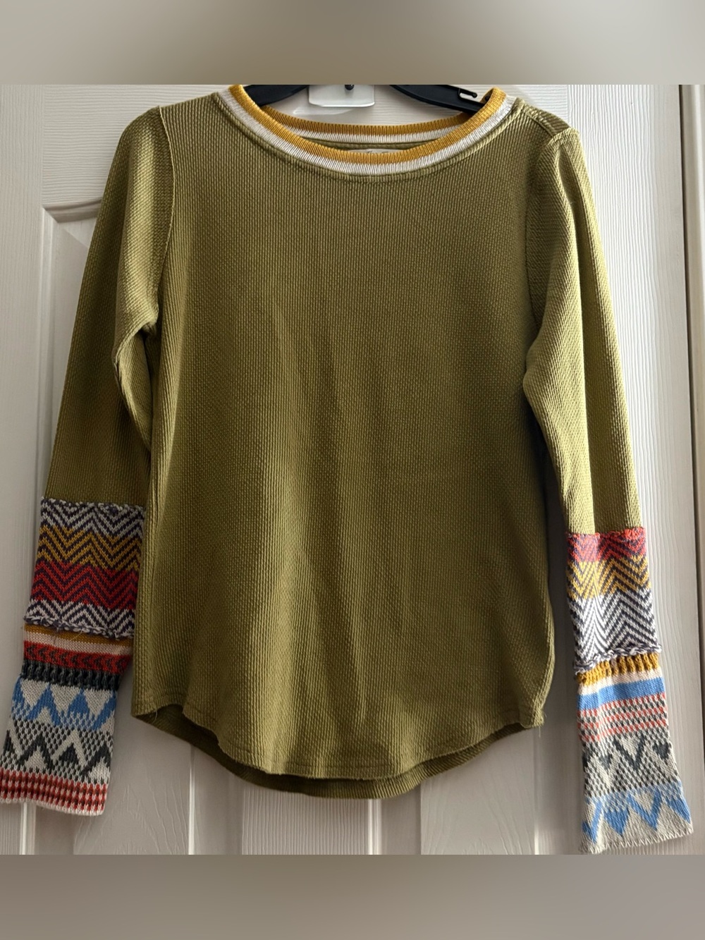 We The Free Olive Green Crewneck Sweater with Multi-Color Patterned Sleeves